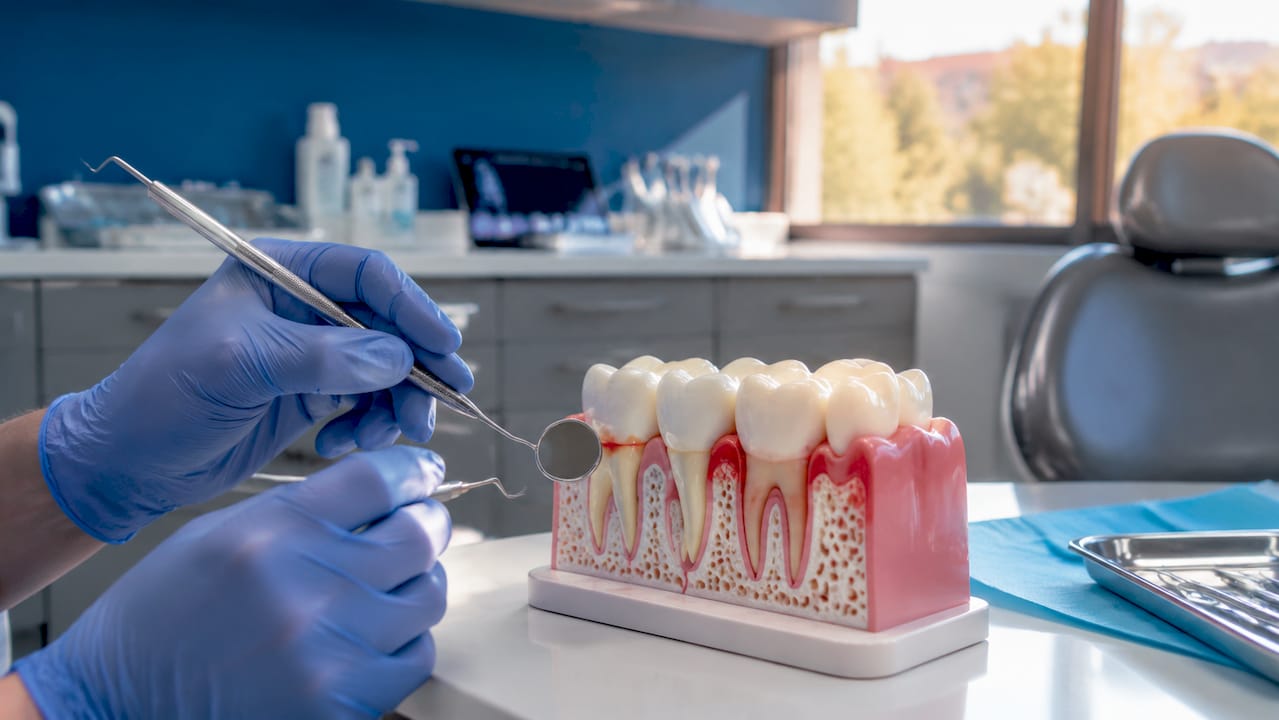 Igienista dentară le arată pacienților cum arată gingiile inflamate și explică semnele care indică o posibilă afecțiune.