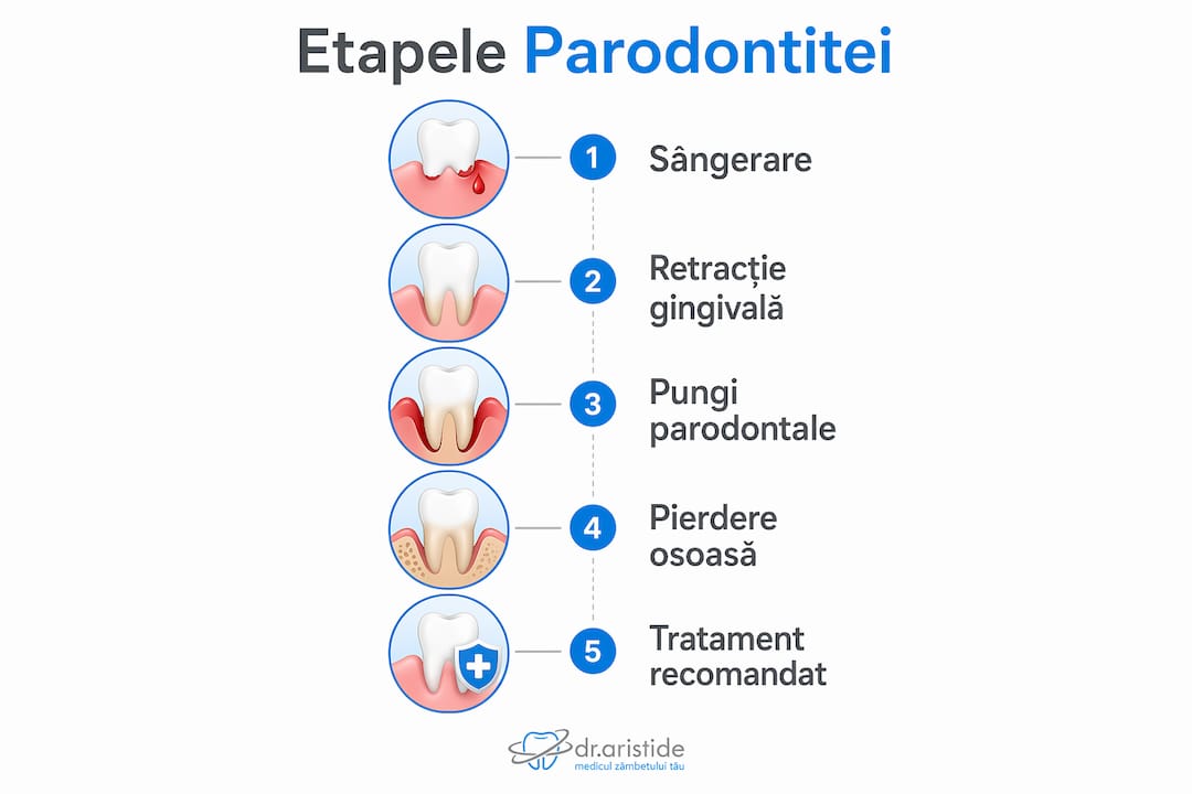 Infografic despre etapele evoluției și opțiunile de tratament în parodontită
