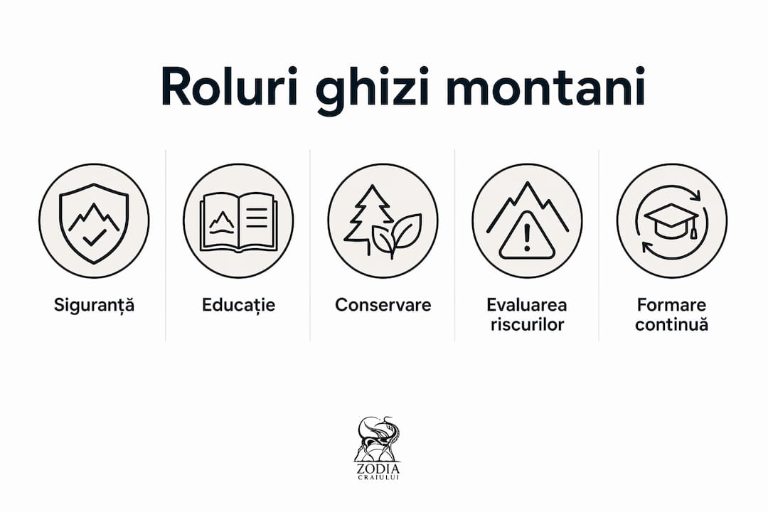 Infografic despre ierarhia ghizilor montani și rolurile fiecăruia