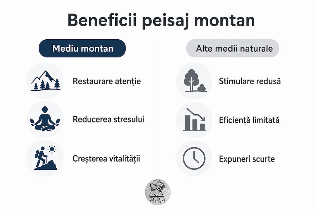 Infografic comparativ: peisajul montan versus alte tipuri de medii naturale în context corporativ