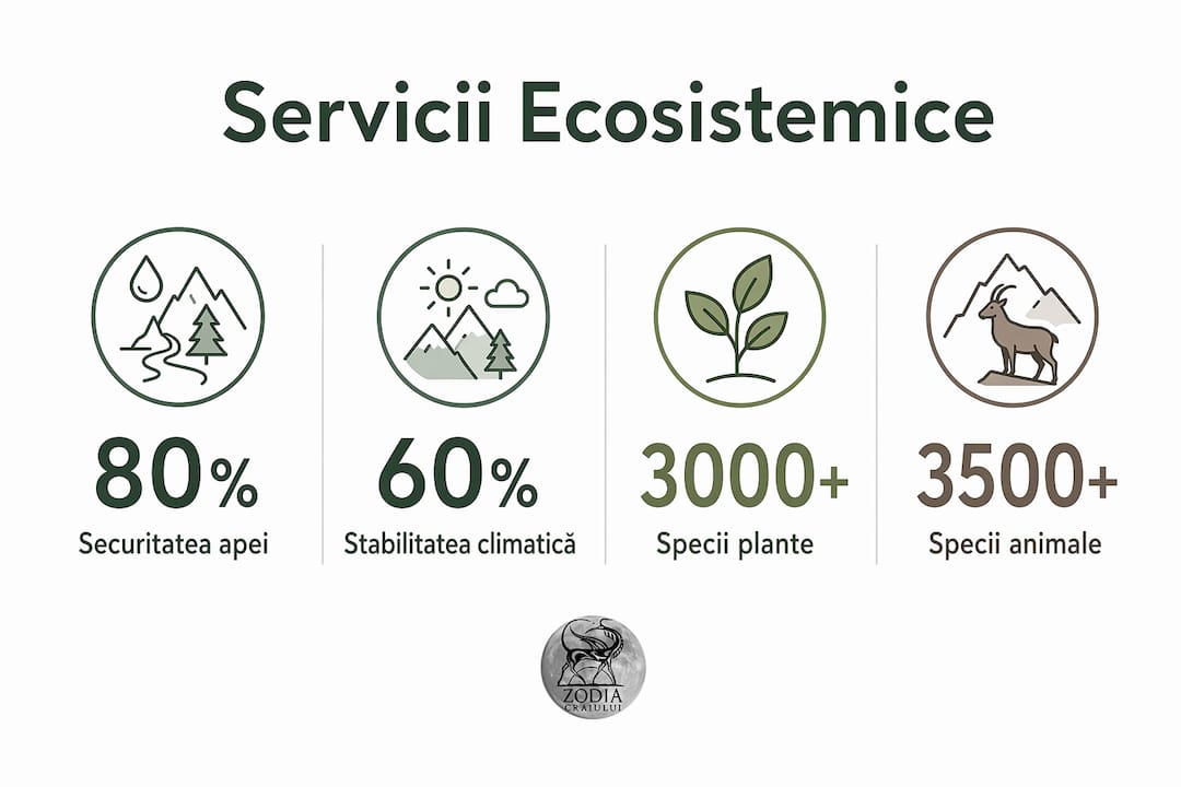Infografic despre rolul biodiversității montane în furnizarea serviciilor esențiale pentru ecosistem