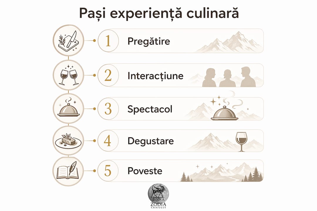 Infografic care prezintă pașii unei experiențe culinare deosebite într-un hotel