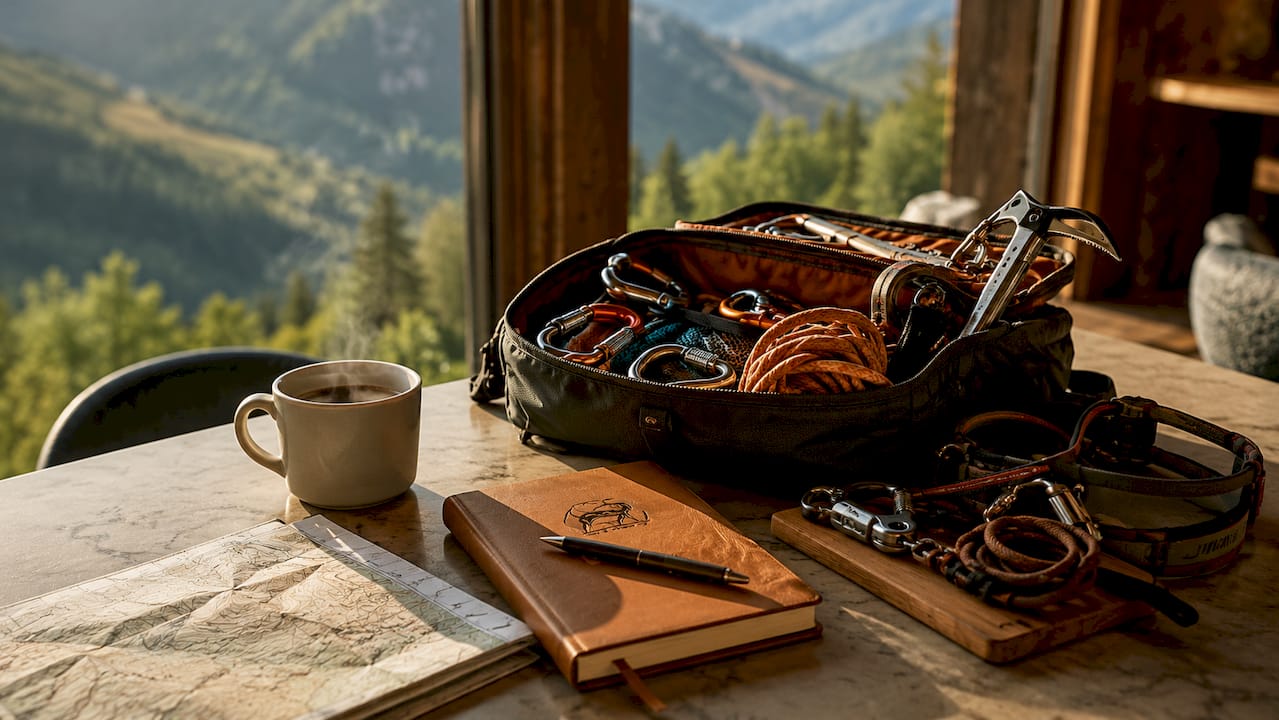 Set premium pentru siguranță la munte, cu agendă și cafea pentru momentele de pauză