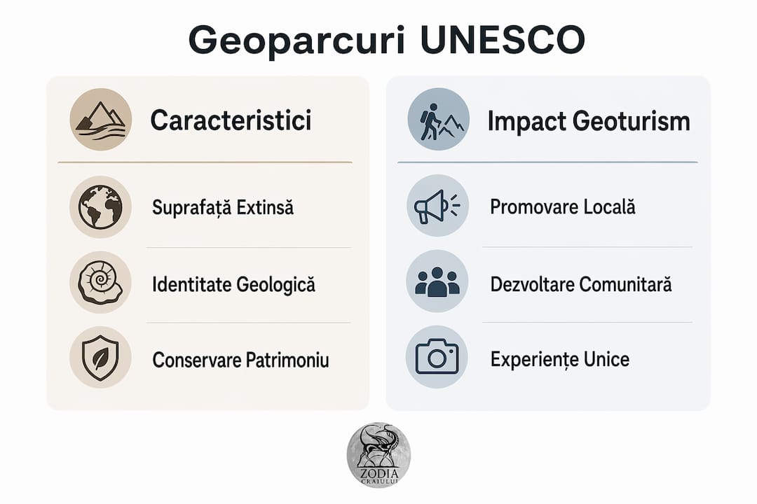 Infografic despre geoparcurile UNESCO din România: comparație și rolul lor în dezvoltarea geoturismului la nivel național