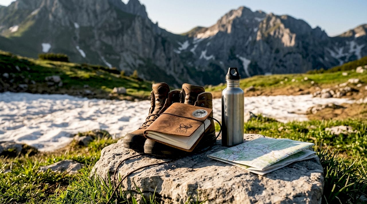 Echipament montan de top, pregătit pentru drumeții alpine, așezat pe o bancă din lemn