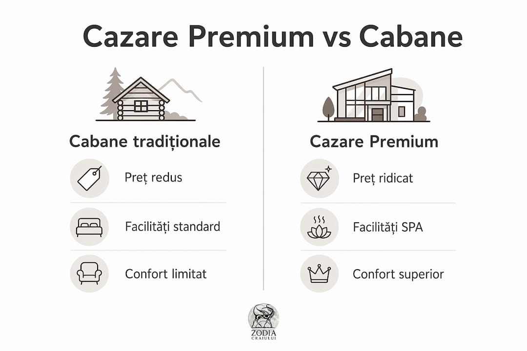 Infografic: diferențe și asemănări între cazarea de lux și cabanele autentice din Bucegi