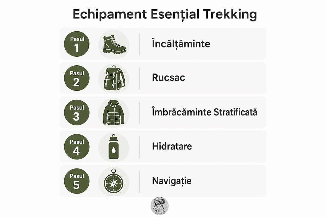Infografic: tot ce trebuie să știi despre echipamentul de trekking – pașii de urmat pentru a fi pregătit pe munte