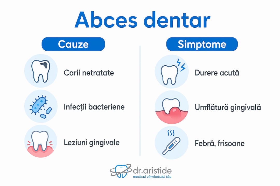 Ilustrație informativă despre motivele apariției și manifestările abcesului dentar