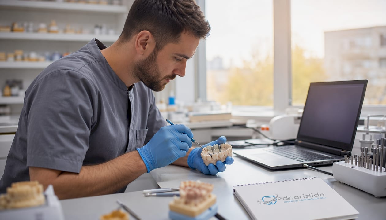 Mâini care țin o gutieră dentară realizată la imprimanta 3D, într-un laborator