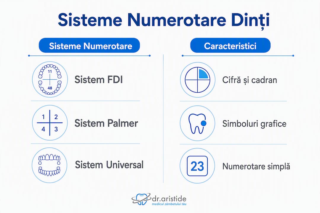 Comparație vizuală între principalele metode de numerotare a dinților