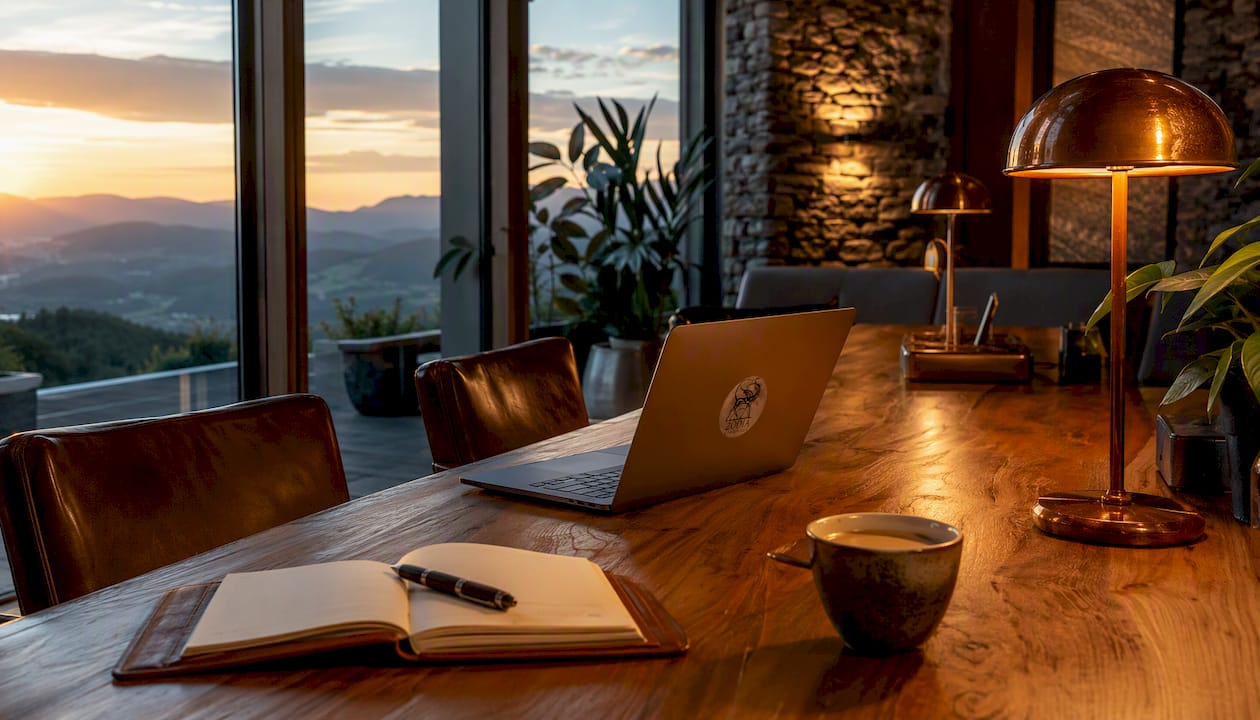 Lounge de afaceri cu MacBook pe masă și un carnet din piele la îndemână