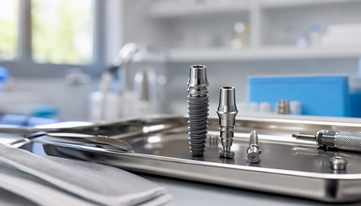 Detaliu cu implant dentar și componentele sale de susținere