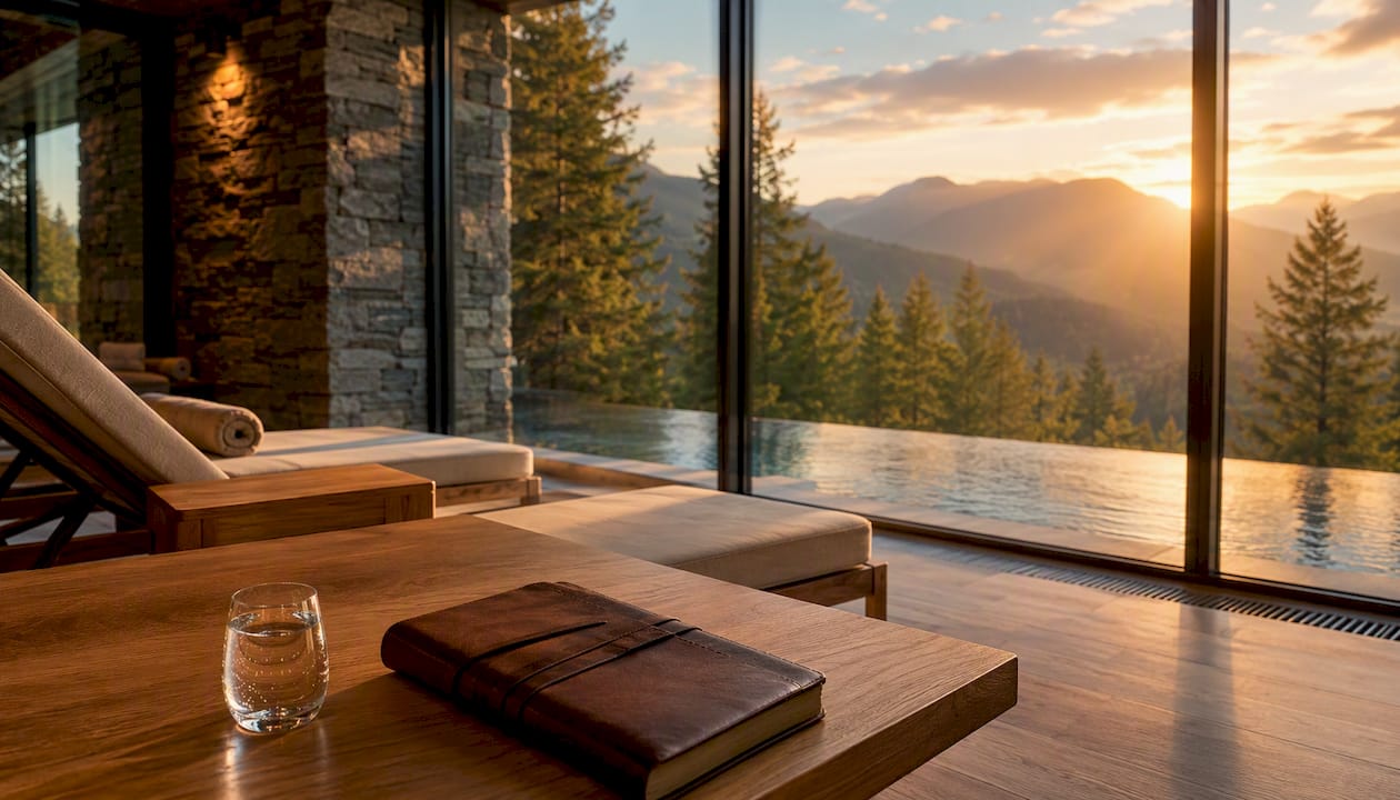 Lounge de relaxare într-un hotel boutique, cu vedere spre piscină