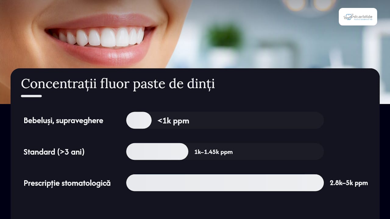 Ilustrație cu principalele categorii de concentrație a fluorului și domeniile în care este folosit