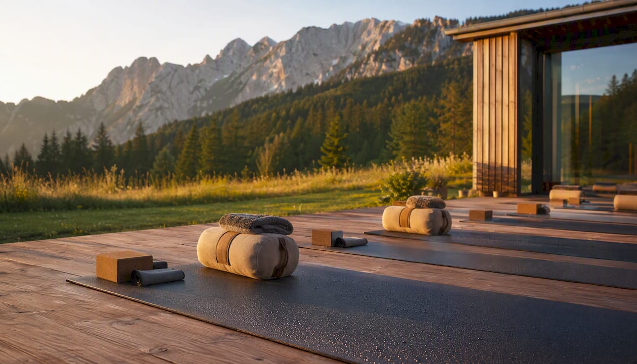 Sesiune de yoga în aer liber, cu vedere la munți, într-un cadru relaxant de spa alpin