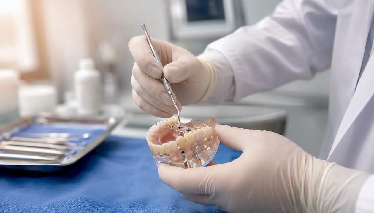 Intervenție de implant dentar în zona maxilarului superior, prezentată în detaliu