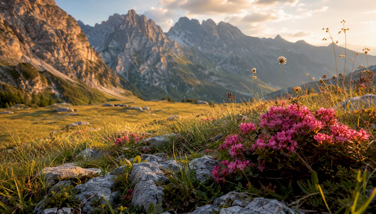 Lumina caldă a apusului scaldă o pajiște alpină, dându-i un aer de poveste.