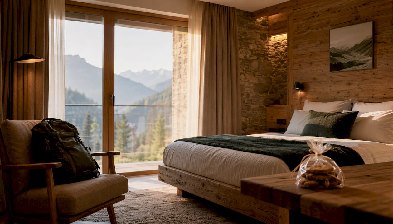 Cameră de oaspeți primitoare la munte, decorată cu elemente naturale care inspiră căldură și confort
