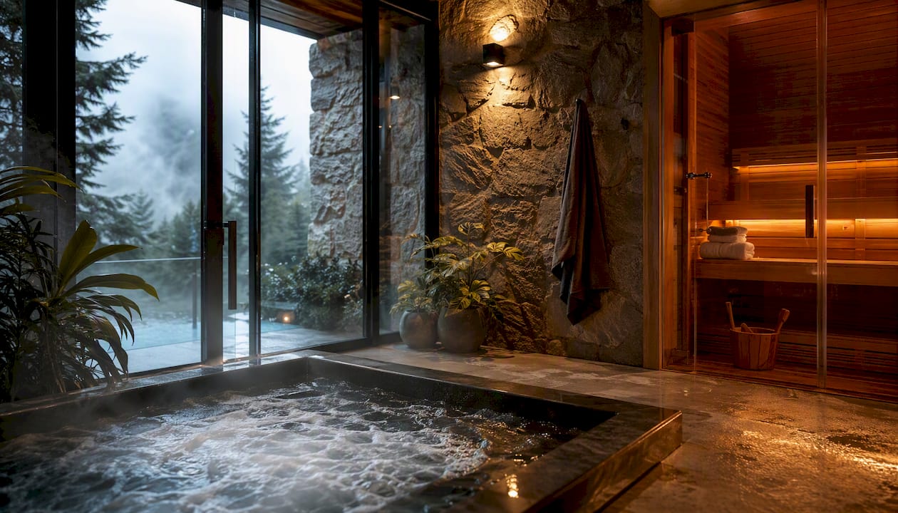 Interior de spa alpin cu saună și jacuzzi, creat pentru momente de relaxare desăvârșită