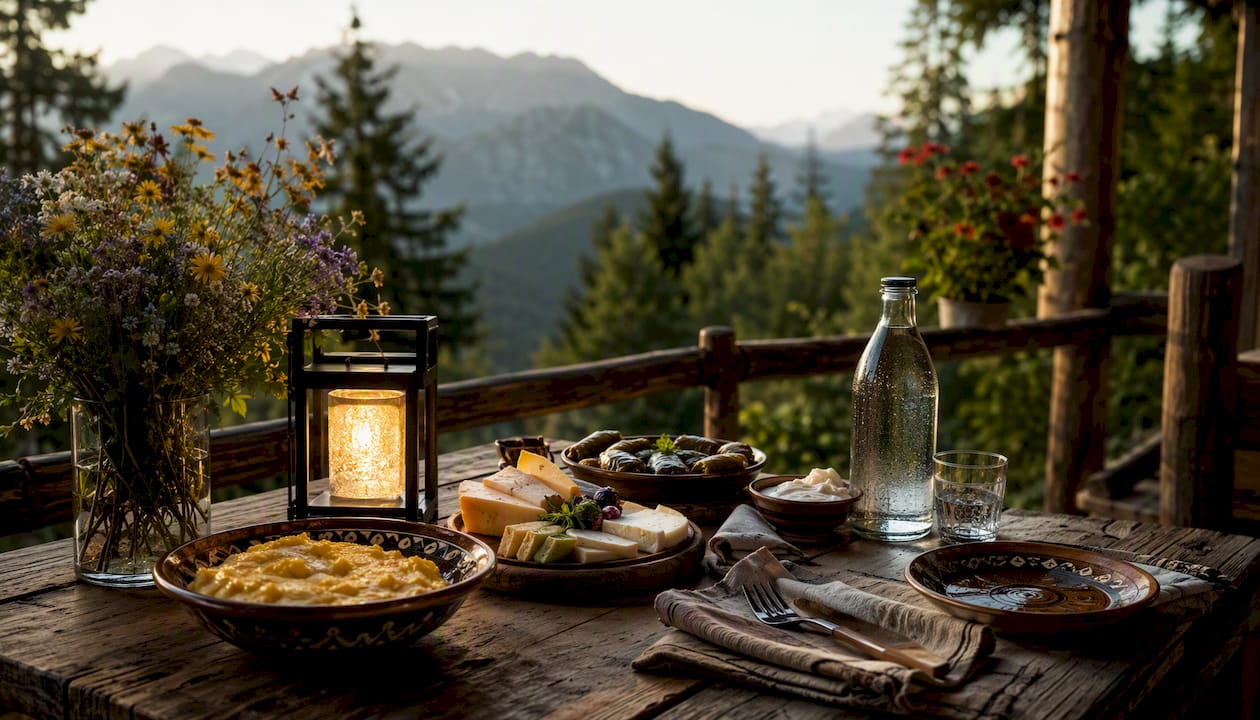 Mâncăruri tradiționale montane pe o masă rustică