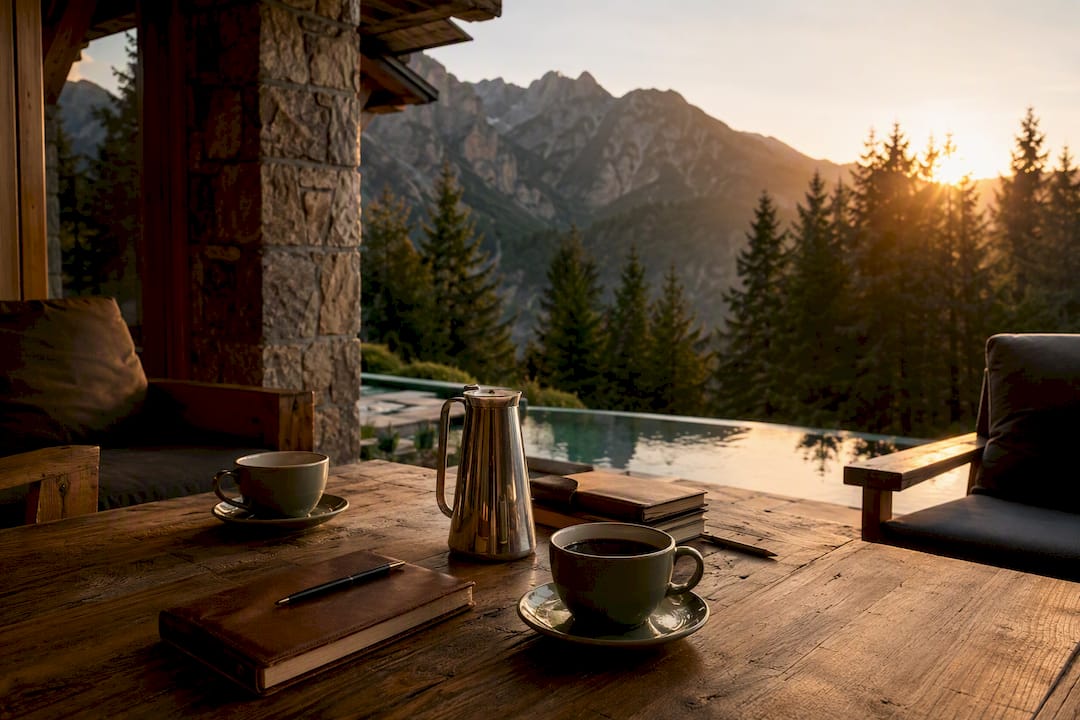 Terasa unei cabane de lux aranjată cu cafea și caiete