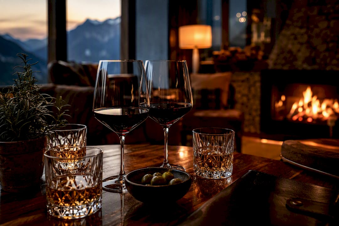 Pahare cu vin și băuturi spirtoase în lounge-ul alpin