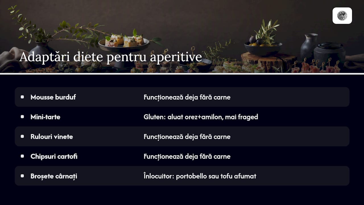 Diagramă comparativă cu adaptări de aperitive vegetariene și fără gluten