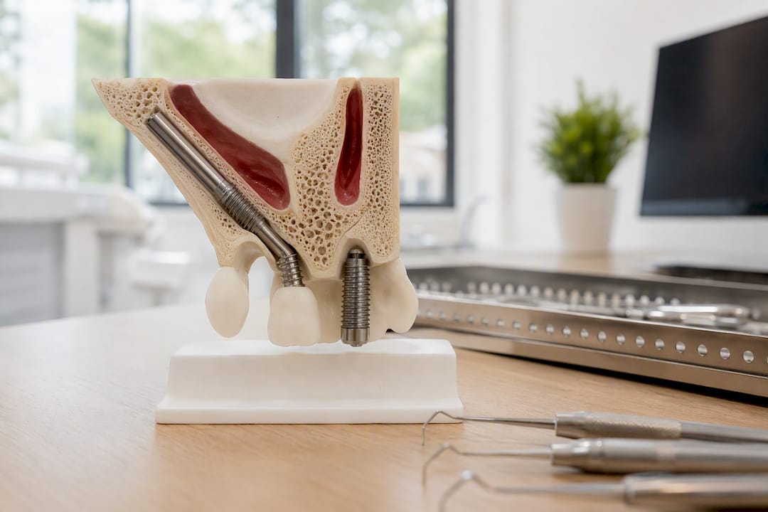 Vedere laterală a unui model de implant dentar zigomatic versus unul clasic