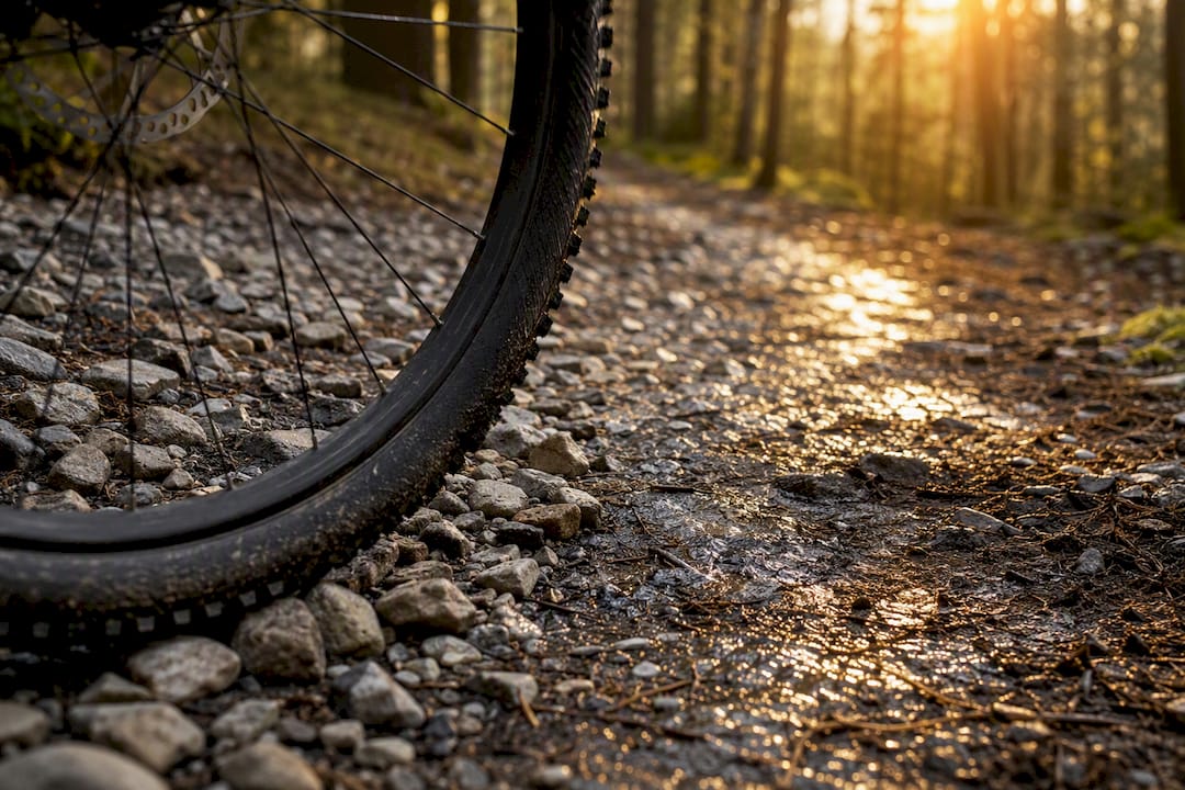 Roată de ebike pe pietriș și drum forestier