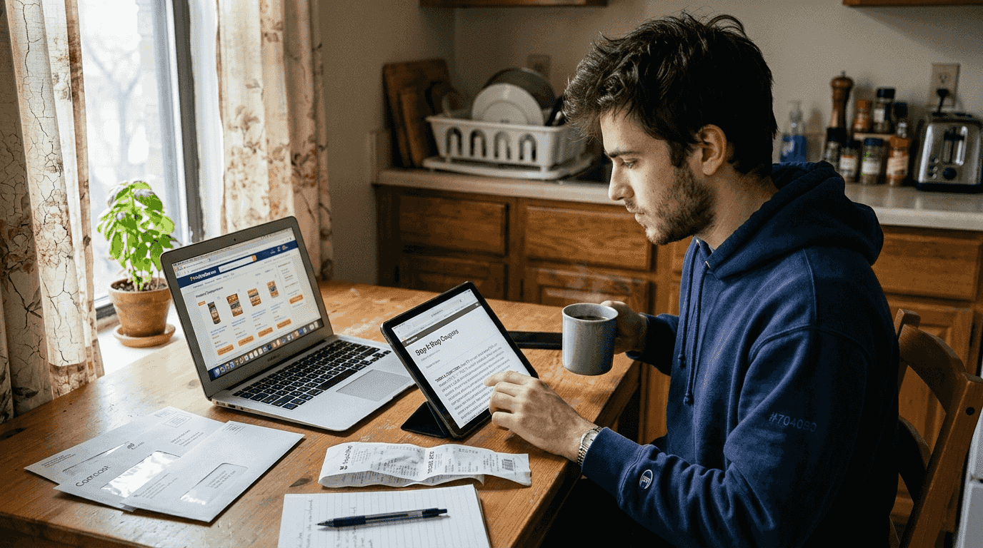 Man reviews online coupon terms tablet