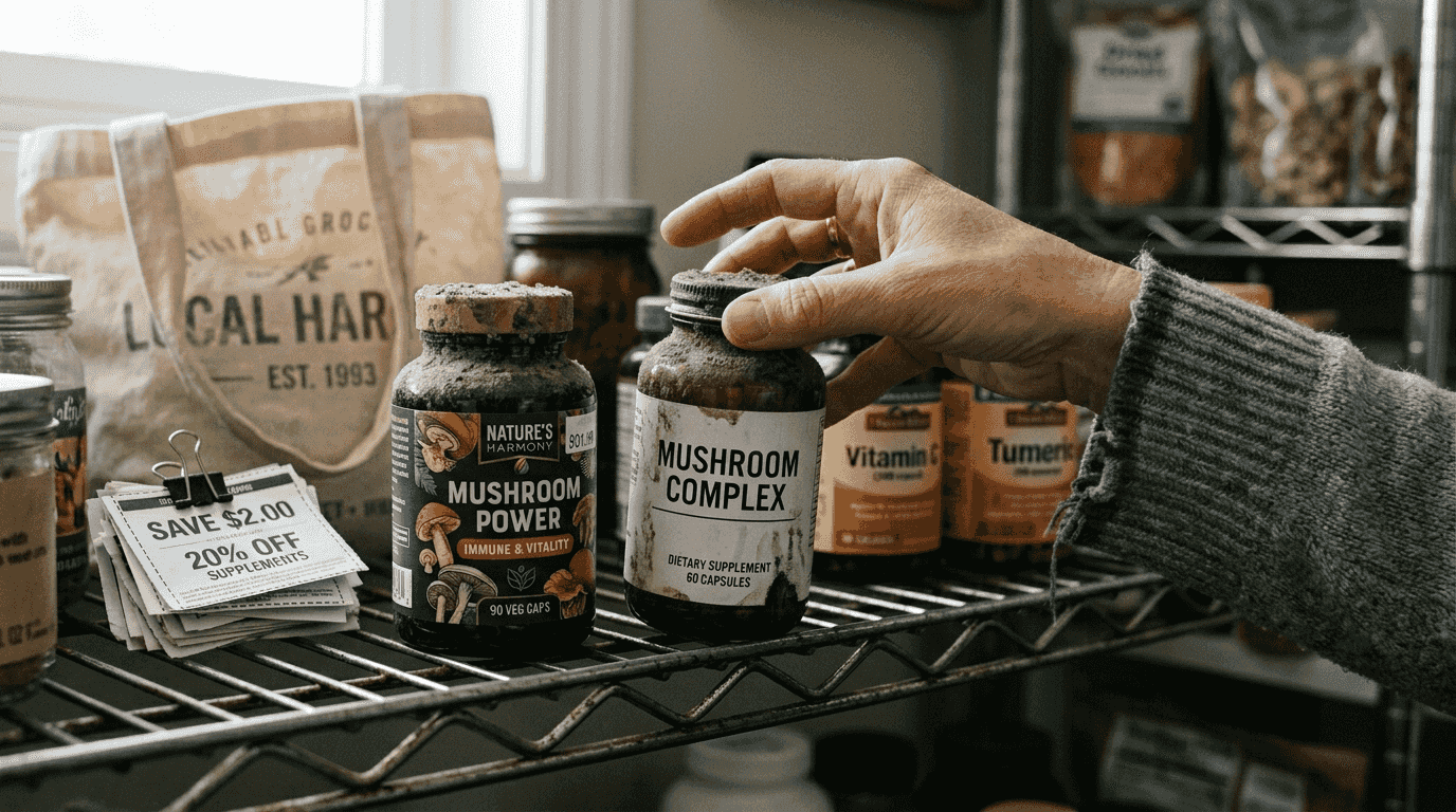 Affordable mushroom supplement bottle on pantry shelf