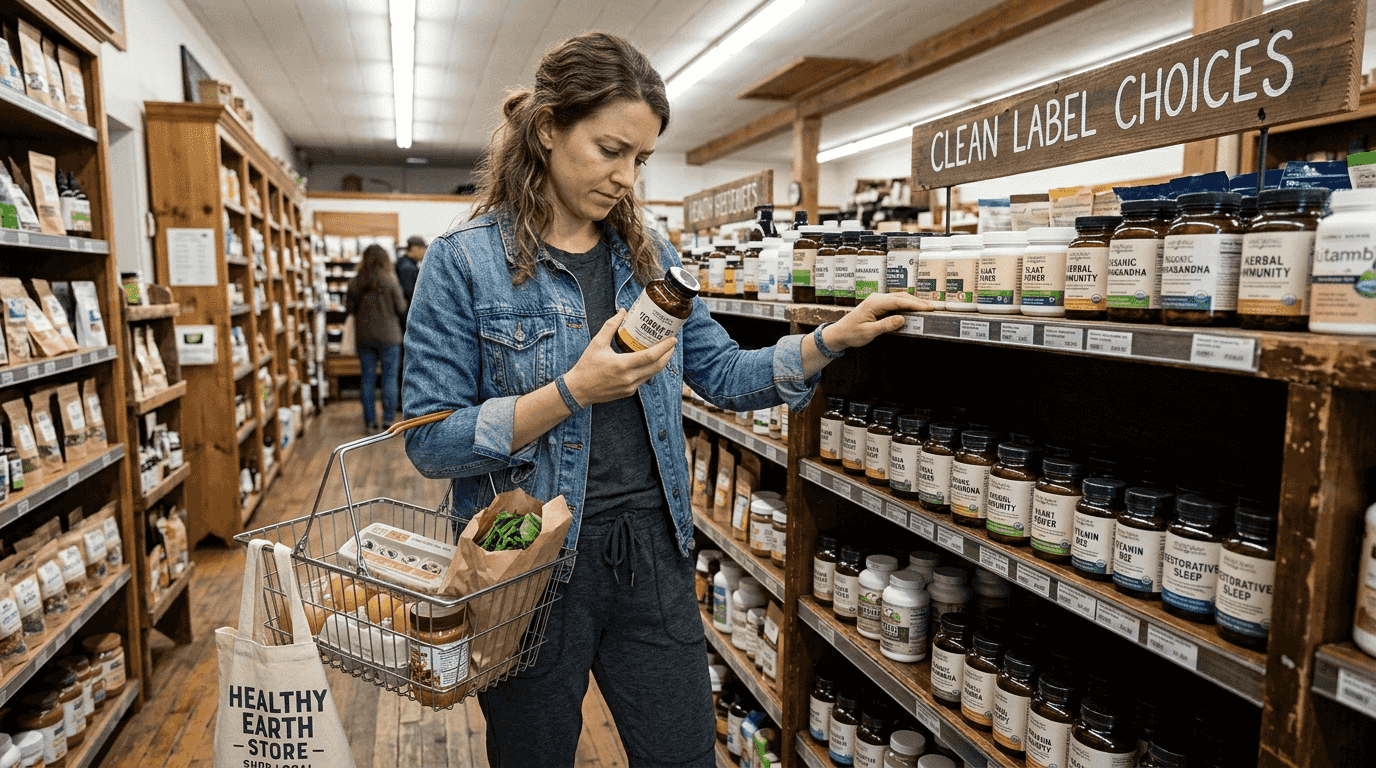 Shopper examining clean label health supplements