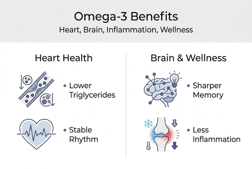 Infographic with omega-3 heart, brain, wellness benefits