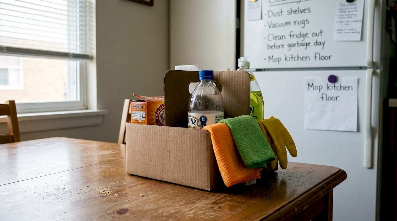 Budget cleaning supplies on dining table