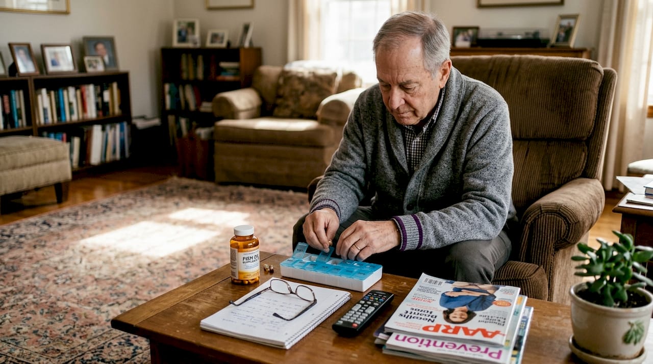 Older man sorts pills including fish oil