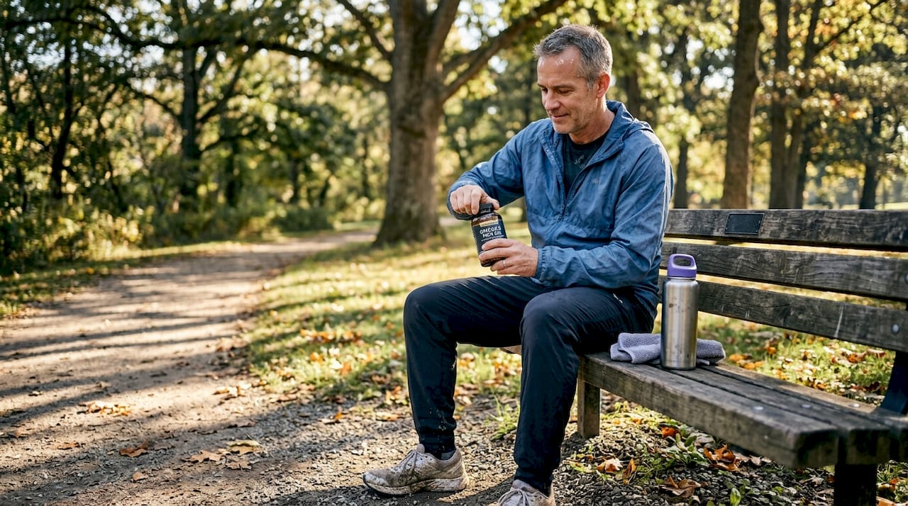 Man with omega-3 supplements after jog