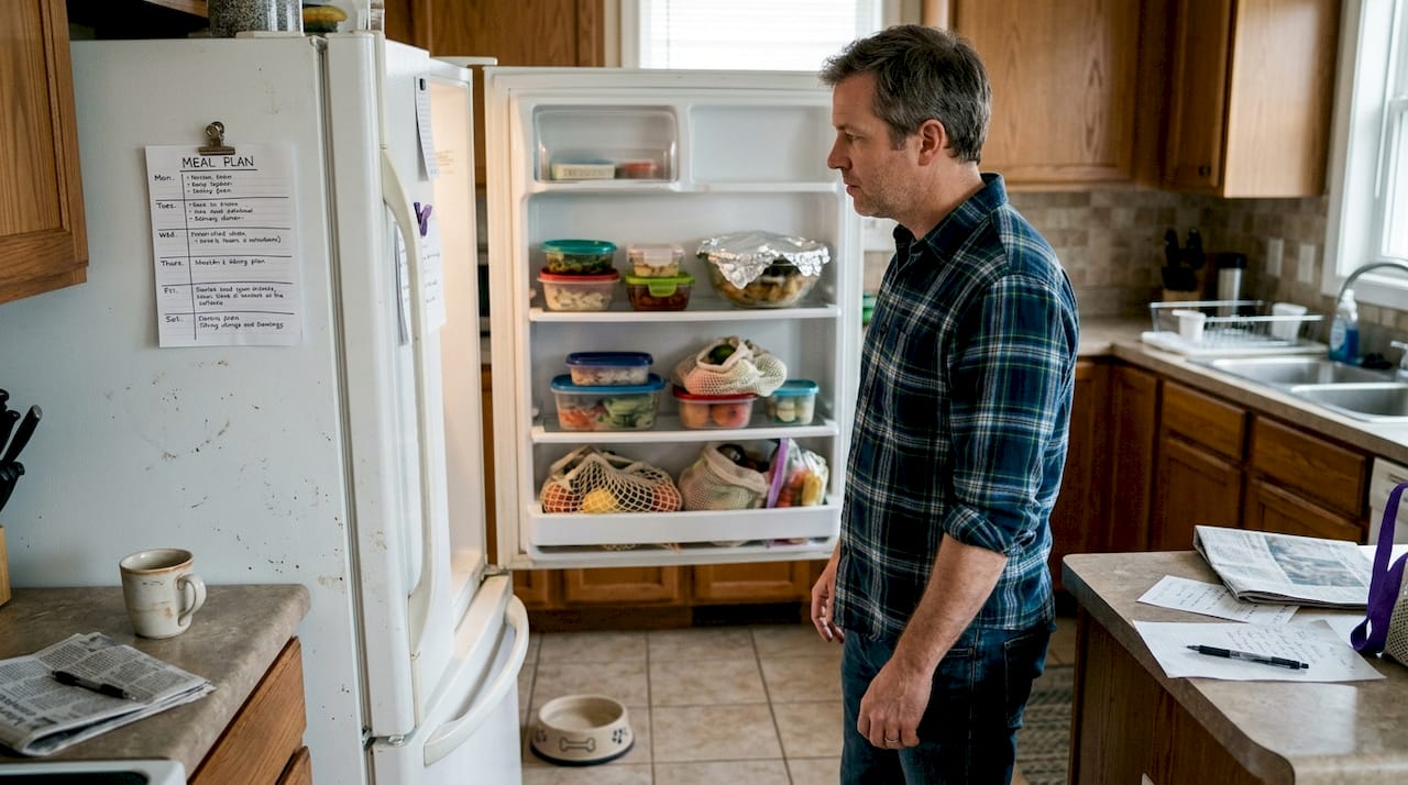 Man checking meal plan at open fridge