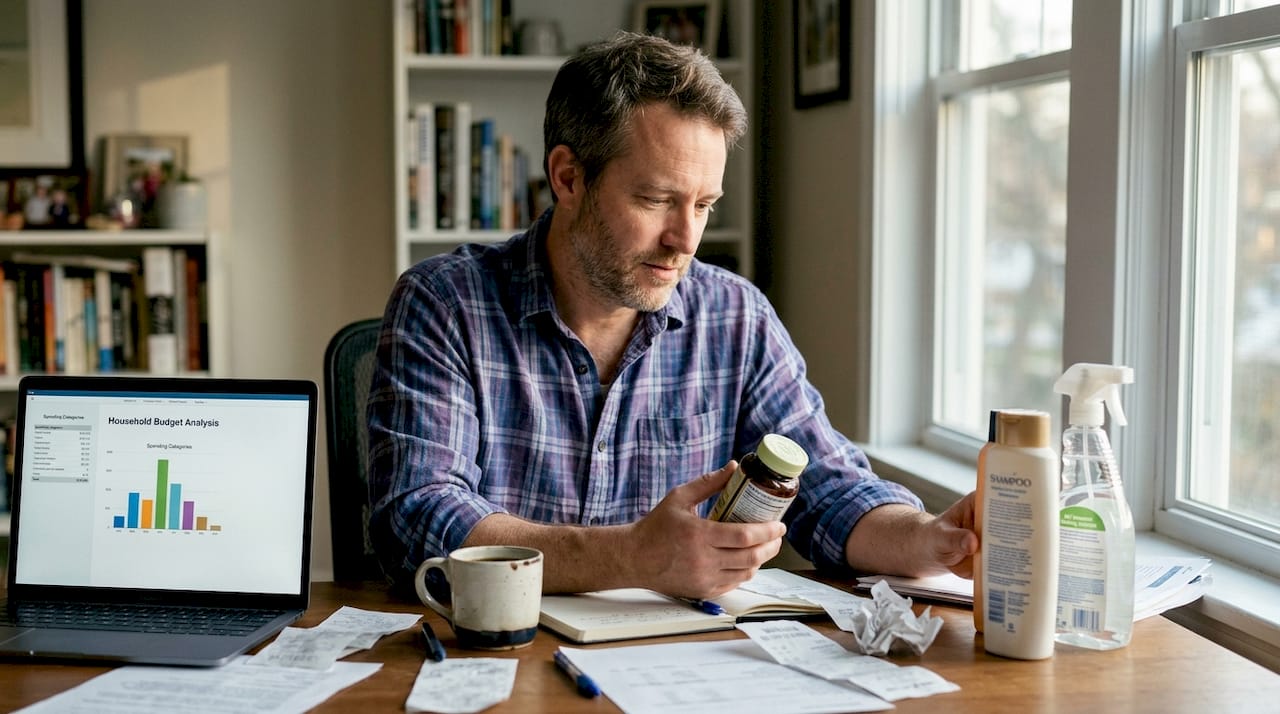Man examining home essentials shopping bundle