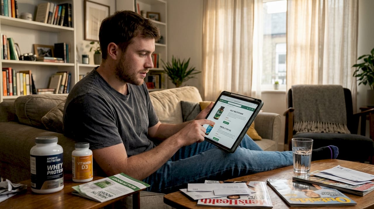 Man viewing supplement selection in living room