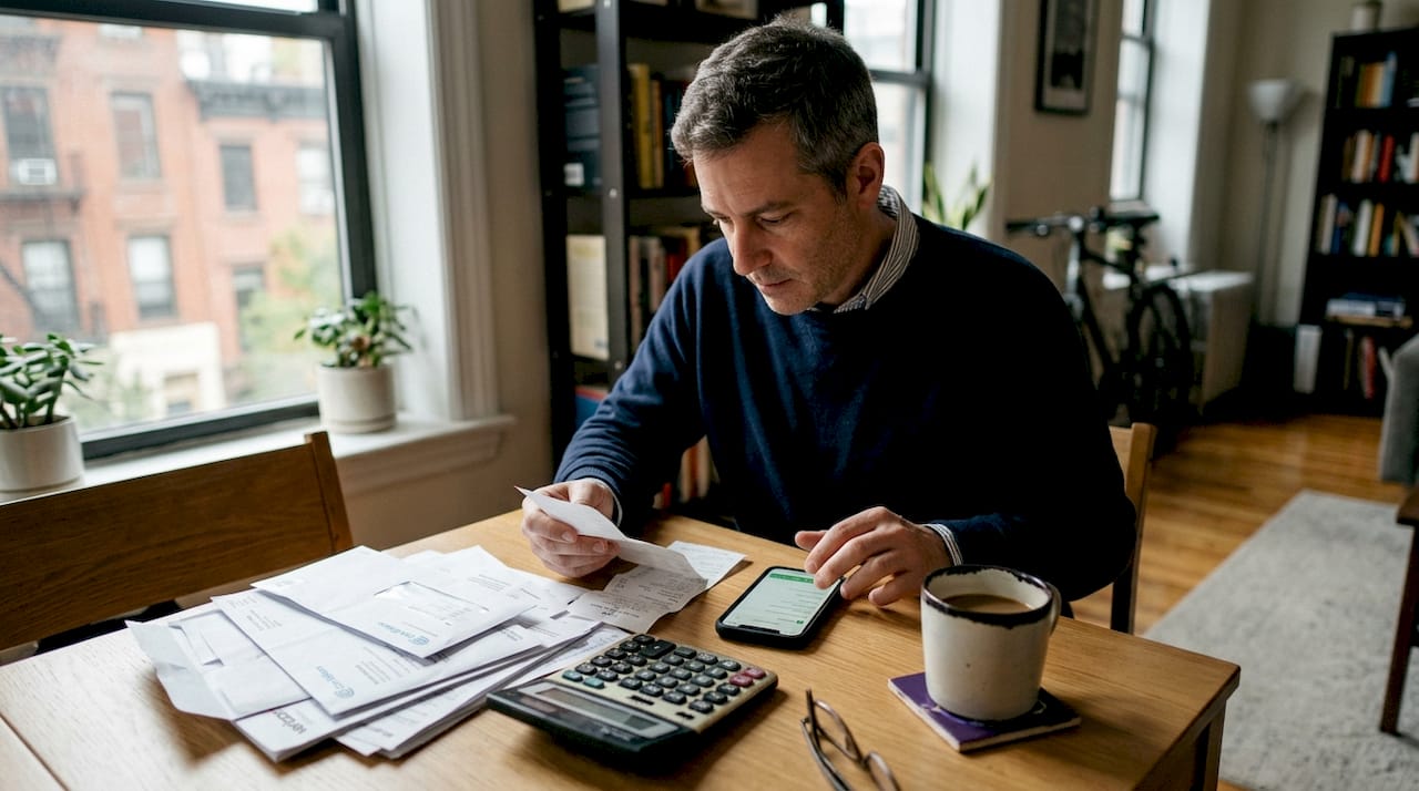 Man reviews receipts and phone for budgeting