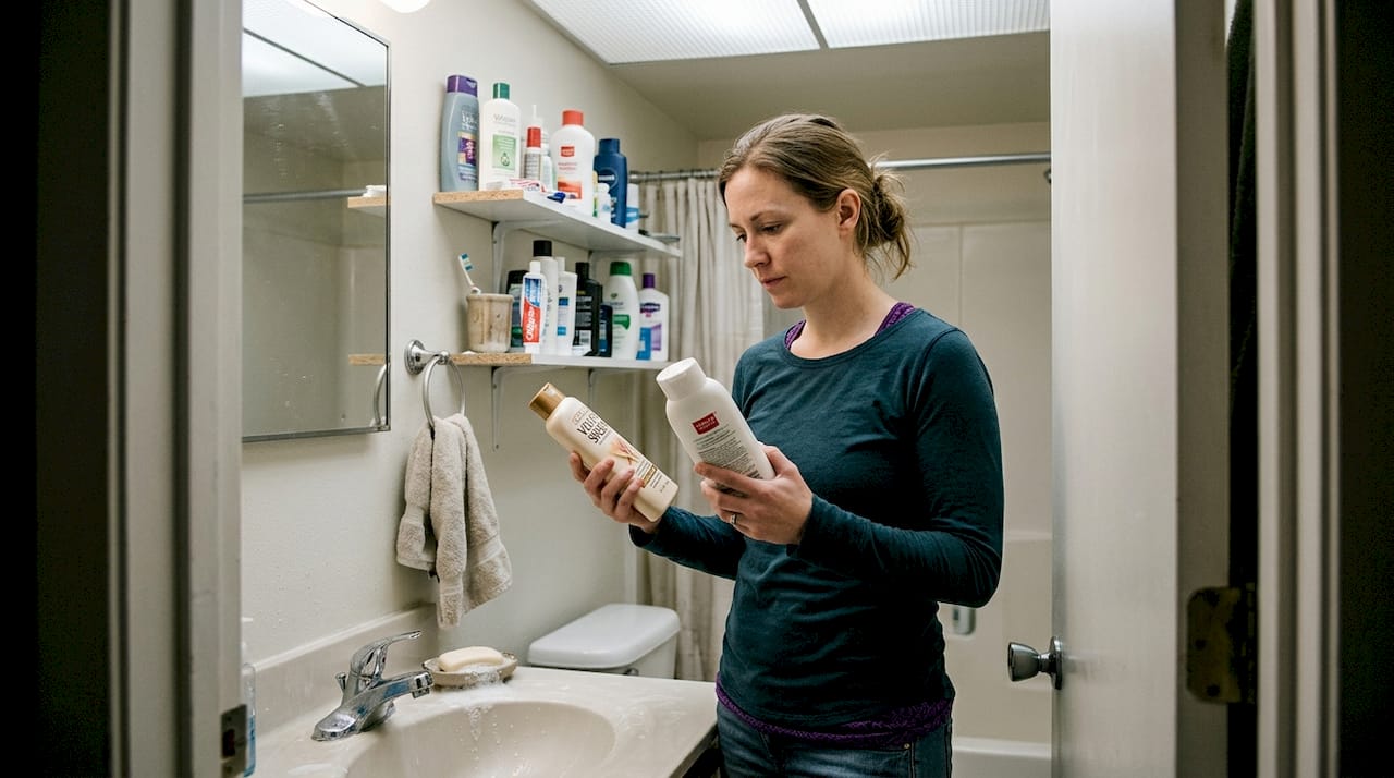 Woman comparing value and name brand shampoo