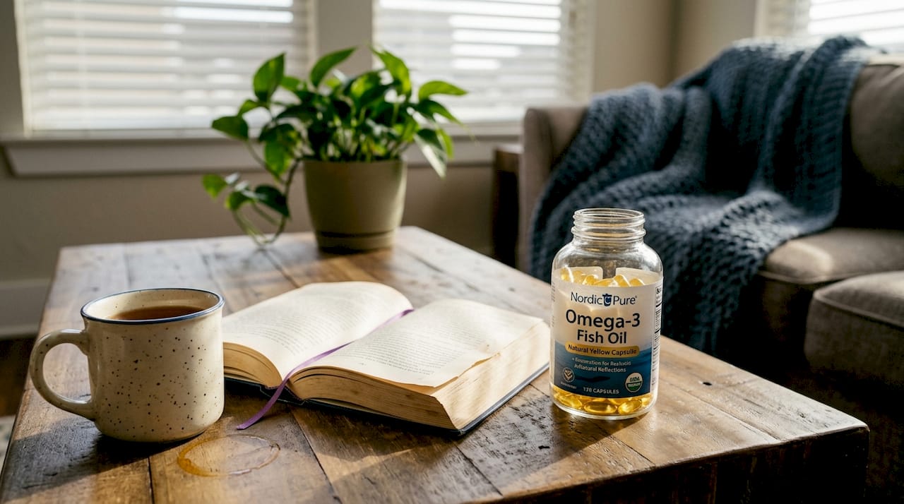 Fish oil capsules on living room coffee table