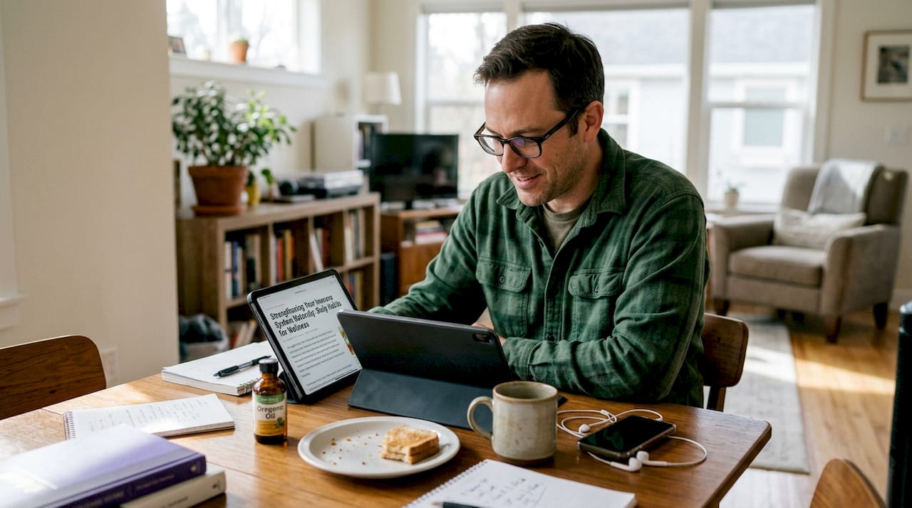 Man reading about immune support at table