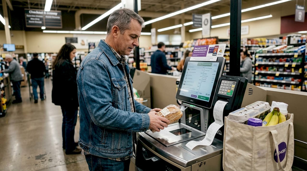 Man using supermarket self-checkout for groceries