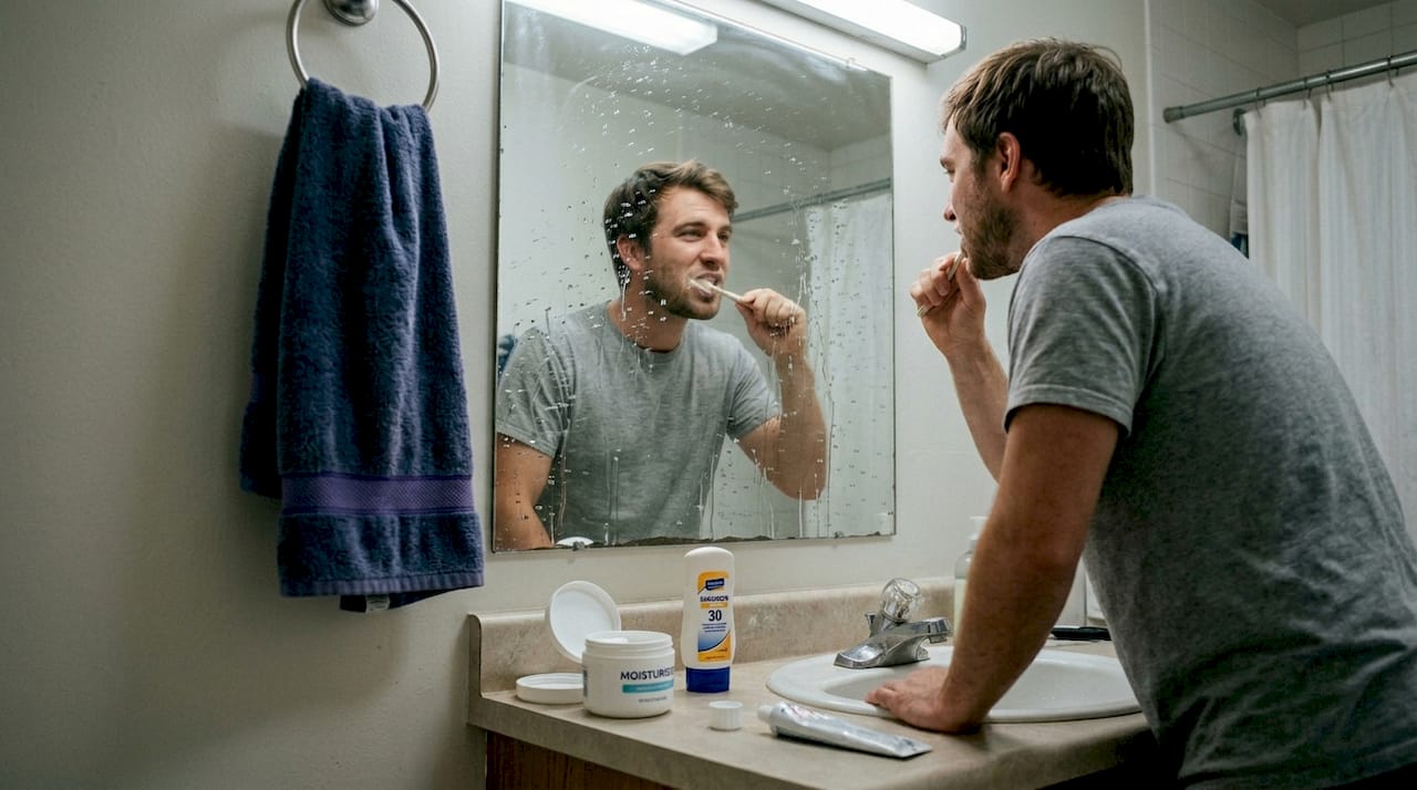 Man uses affordable self-care products bathroom