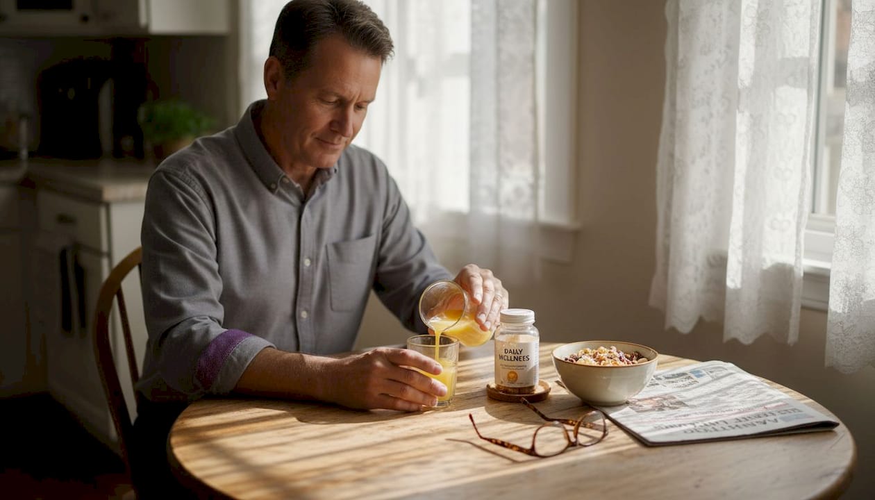Man with multivitamins at simple breakfast nook