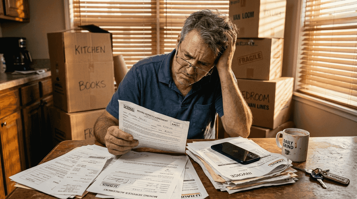 Man reviewing moving paperwork looks frustrated