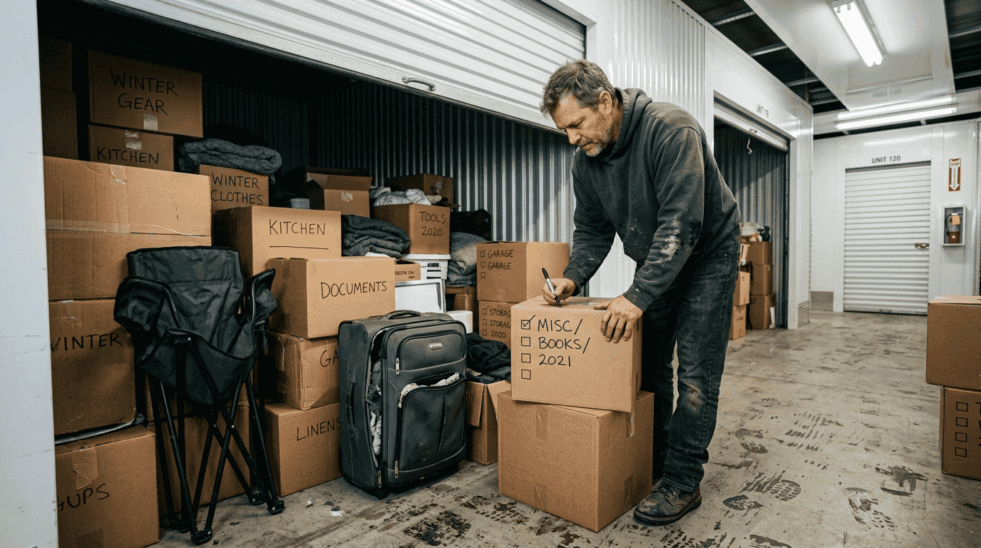 Man organizing boxes in a storage unit