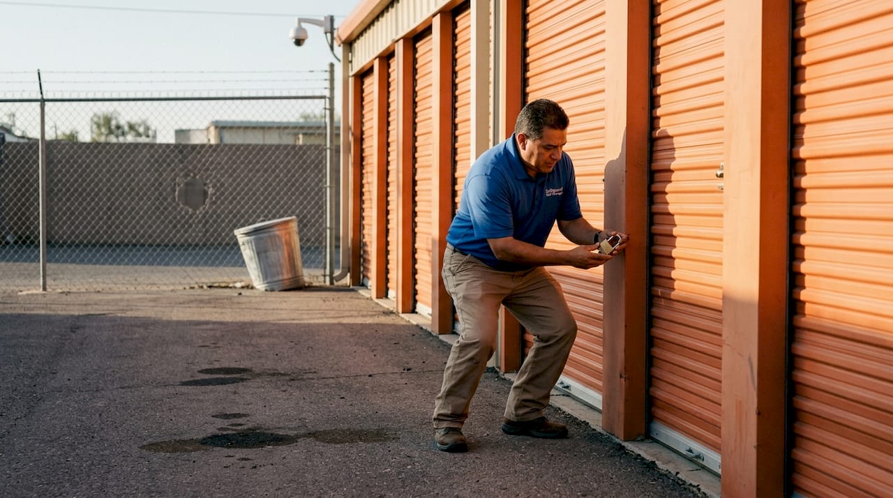 Manager checking locks at self-storage units