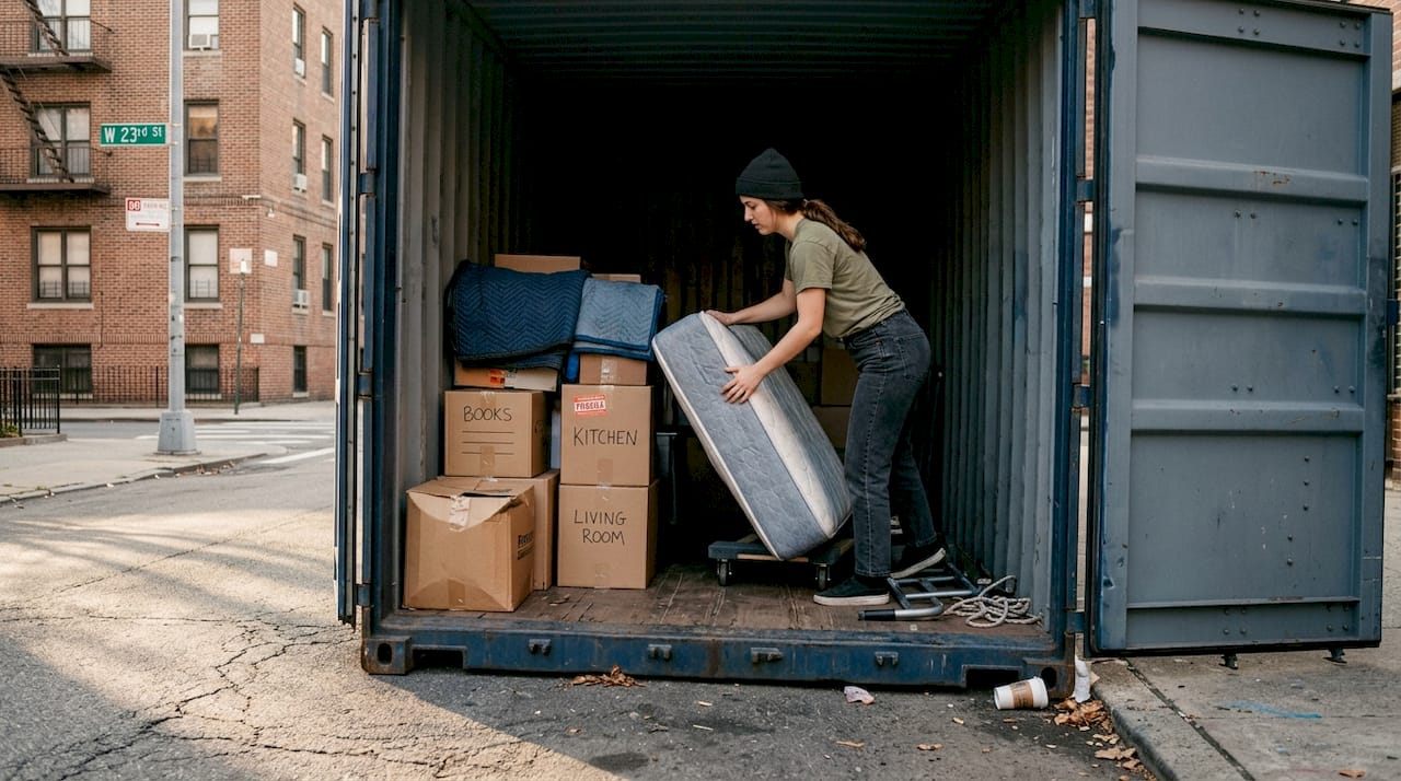 Renter loads boxes into moving container